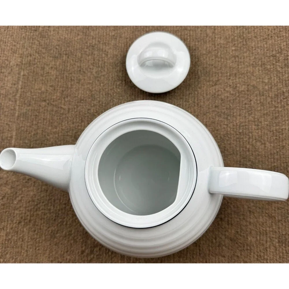 CRATE & BARREL Spal Roulette White Ribbed Porcelain Teapot Blue Trim Excellent